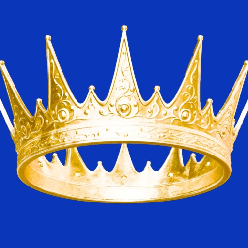 A gold crown with pointed tips and ornate detailing is shown against a solid blue background, symbolizing the evolution of kindness through regal elegance.