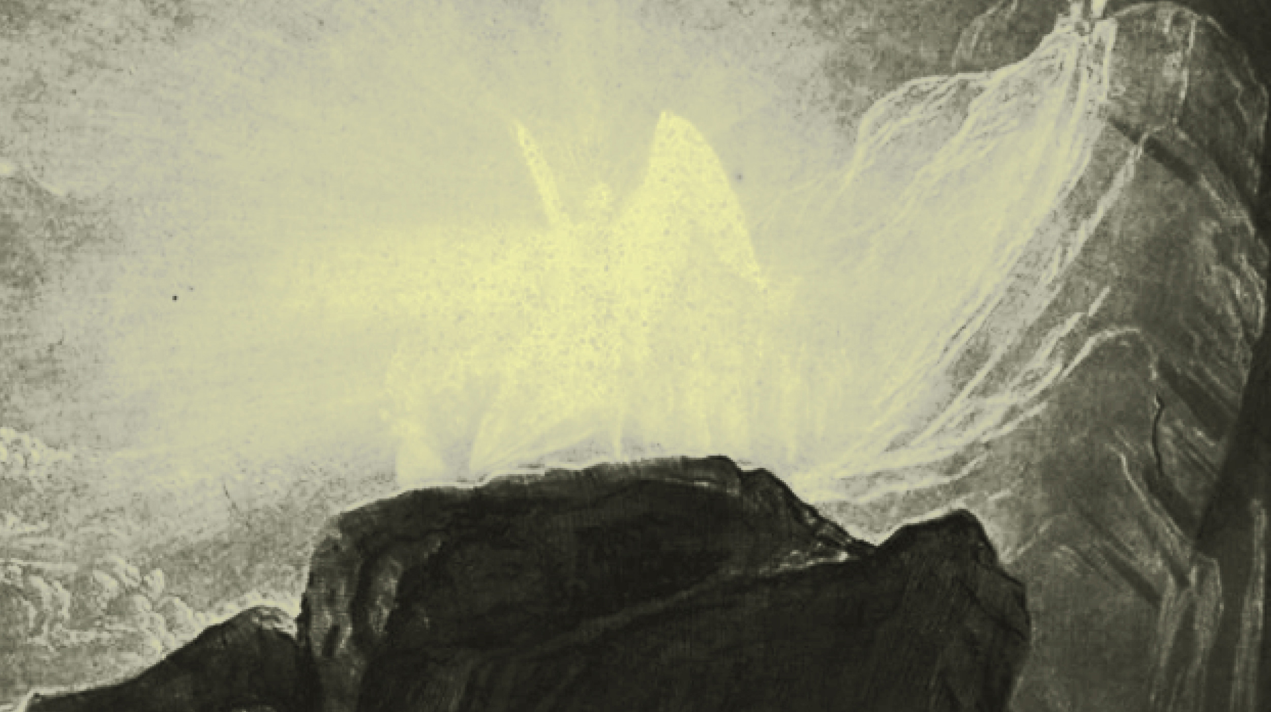 A glowing, radiant figure stands atop dark rocks near a mountain, with bright light illuminating the scene in a monochrome, sketch-like style.