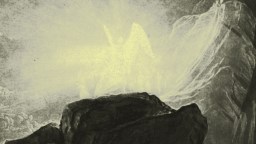 A glowing, radiant figure stands atop dark rocks near a mountain, with bright light illuminating the scene in a monochrome, sketch-like style.