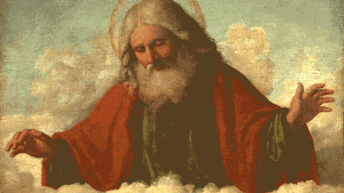 A painting of an elderly man with long white hair and beard, wearing a red robe, surrounded by clouds with a halo above his head, set against a soft green sky—inviting reflection on beliefs and the types of atheism.