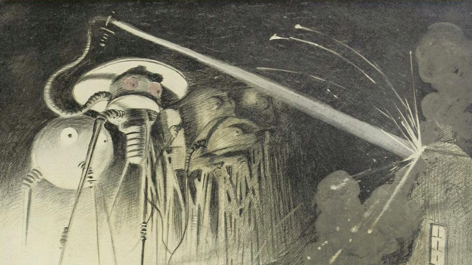 Illustration of large, mechanical tripod machines with glowing eyes detecting life as they shoot a beam of light at a smoking building, causing sparks and destruction.