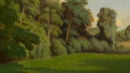 A blurred image of a green grassy field bordered by tall trees under a partly cloudy sky evokes a sense of nostalgia.