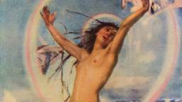 A nude figure with outstretched arms stands against a sky with rainbows and flying birds, evoking a sense of belief in the supernatural.
