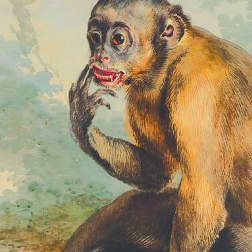 A painting of a brown monkey sitting on the ground with one hand raised to its mouth, looking to the left with a surprised expression.