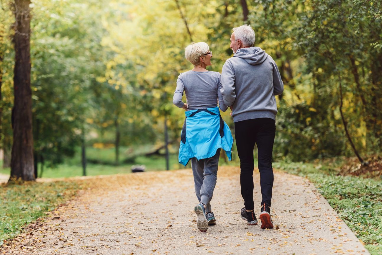 An elderly couple go for a walk in the park