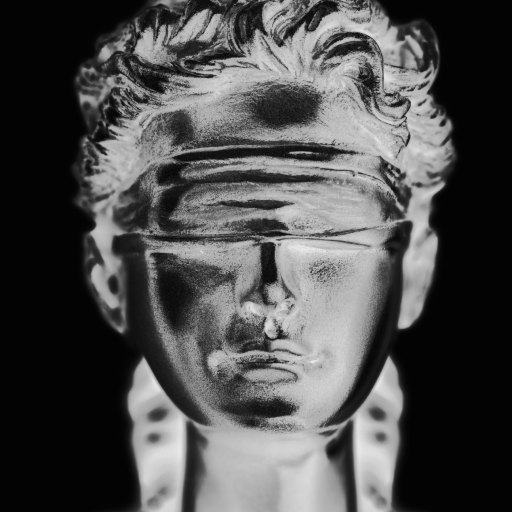 A metallic, blindfolded bust of a person is shown against a black background, symbolizing justice, impartiality, and the resolve to turn the other cheek in the face of adversity.