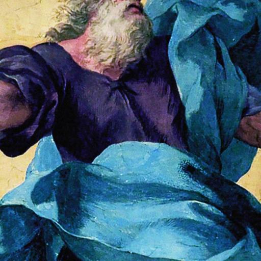 A bearded man with outstretched arms and blue drapery appears to be in motion, depicted in a classical painting style that evokes the search for evidence for God.