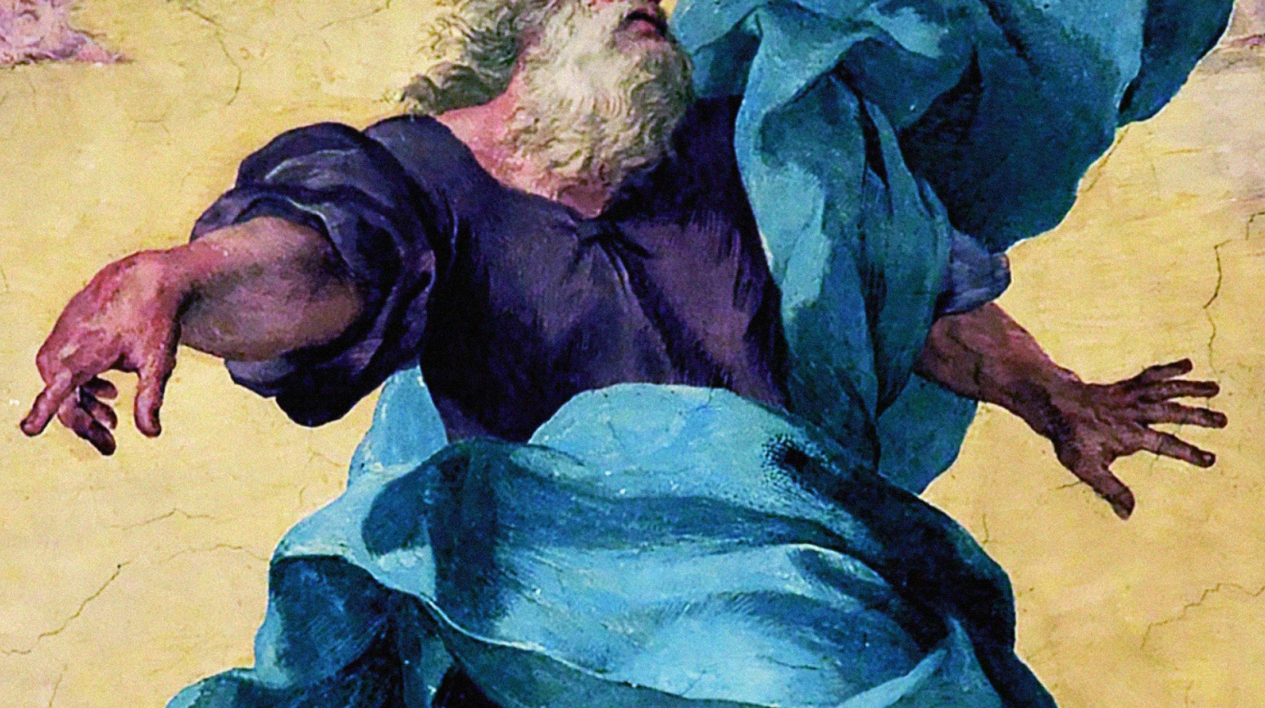 A bearded man with outstretched arms and blue drapery appears to be in motion, depicted in a classical painting style that evokes the search for evidence for God.