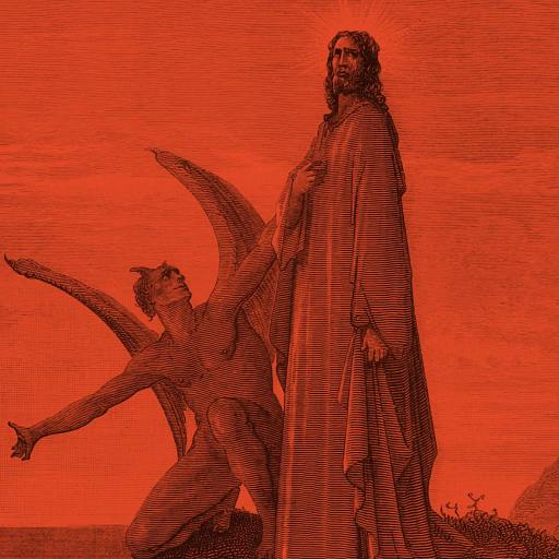 A figure with wings kneels and gestures toward a standing, robed figure against a red background, evoking the question: what is hell like? Both appear in a detailed, engraved style.