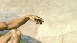 A close-up of a painted human arm and hand reaching out with extended fingers against a light, cracked background.