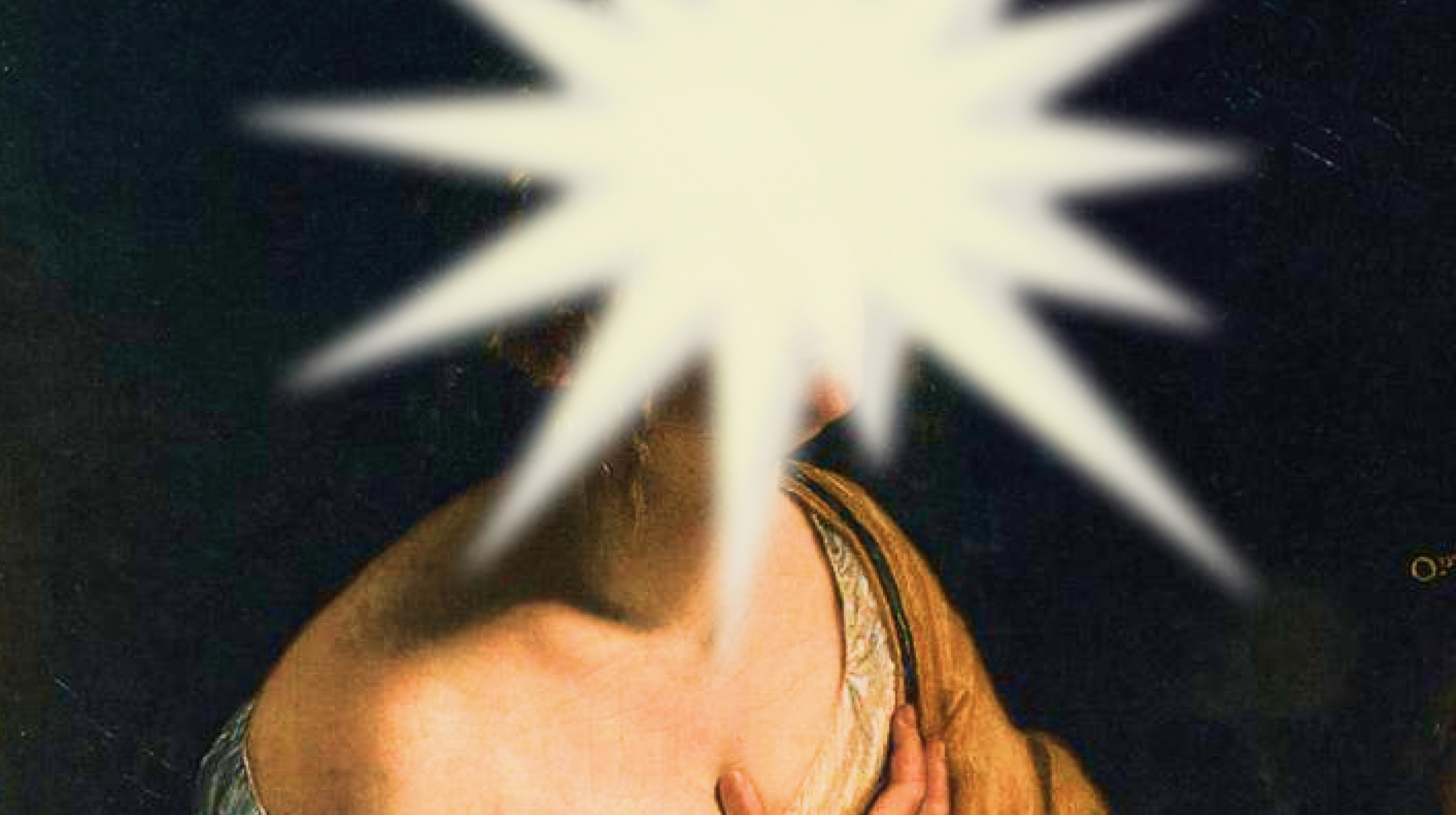 A classical-style portrait of a person with their face obscured by a large white starburst shape.