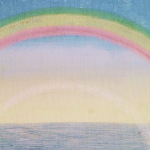 A softly colored illustration of a double rainbow arches over a calm blue sea under a pastel sky, evoking harmony between religion and science.