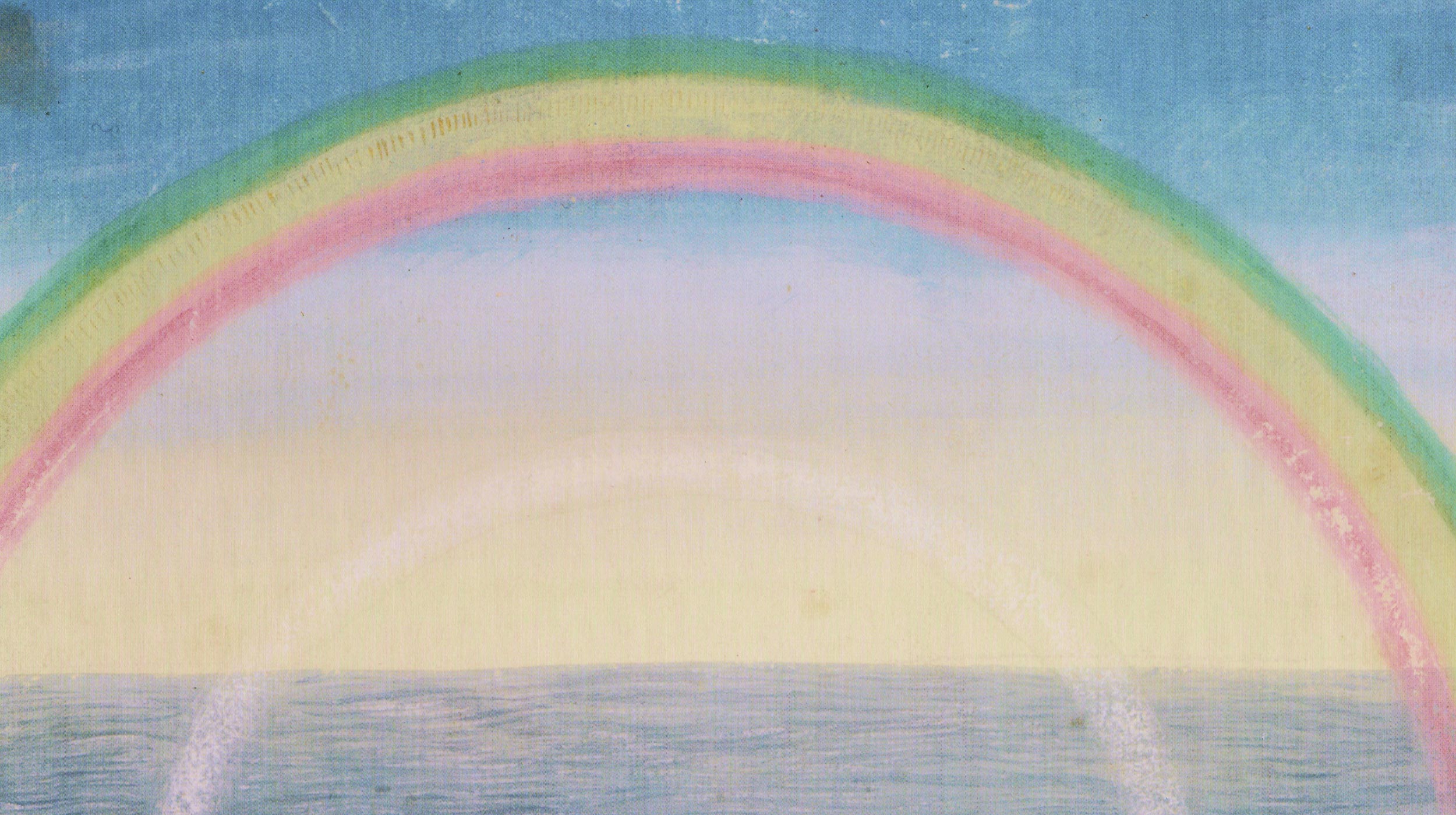 A softly colored illustration of a double rainbow arches over a calm blue sea under a pastel sky, evoking harmony between religion and science.