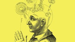 A vintage illustration of a person's head in profile, with diagrams of astronomical and conceptual systems overlaying the brain to evoke themes of consciousness, set against a yellow background.