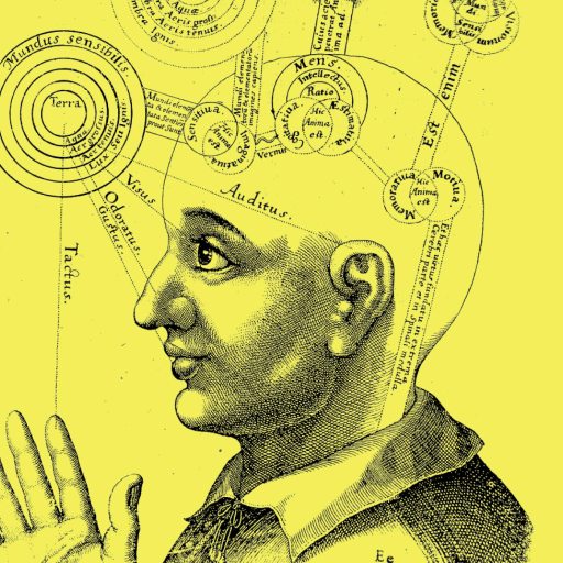 A vintage illustration of a person's head in profile, with diagrams of astronomical and conceptual systems overlaying the brain to evoke themes of consciousness, set against a yellow background.