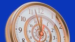 A clock face with a spiral effect, showing multiple overlapping clock dials against a solid blue background, evokes the question: is time an illusion?.