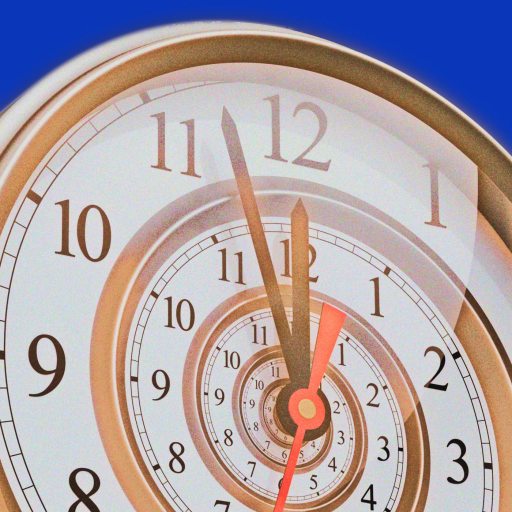 A clock face with a spiral effect, showing multiple overlapping clock dials against a solid blue background, evokes the question: is time an illusion?.