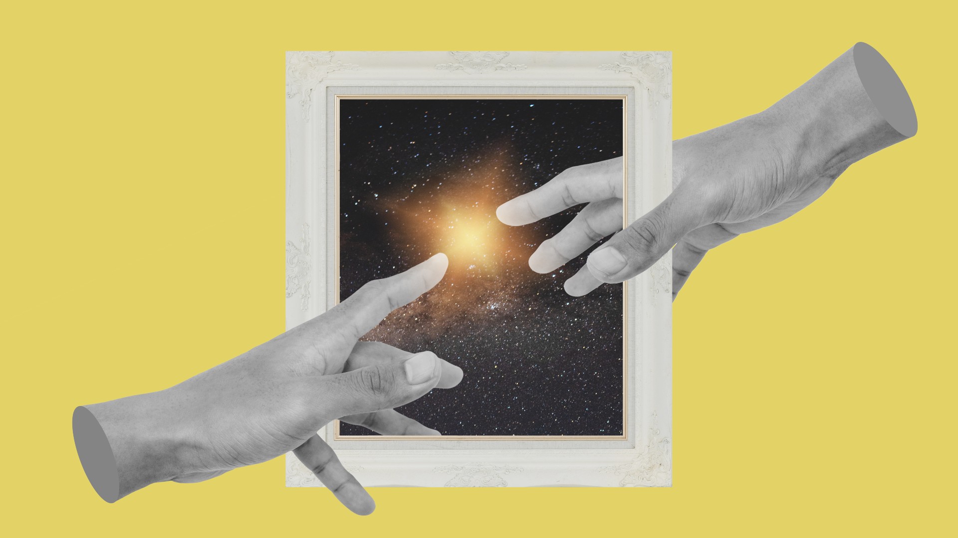 Abstract image of hands reaching through a picture frame.