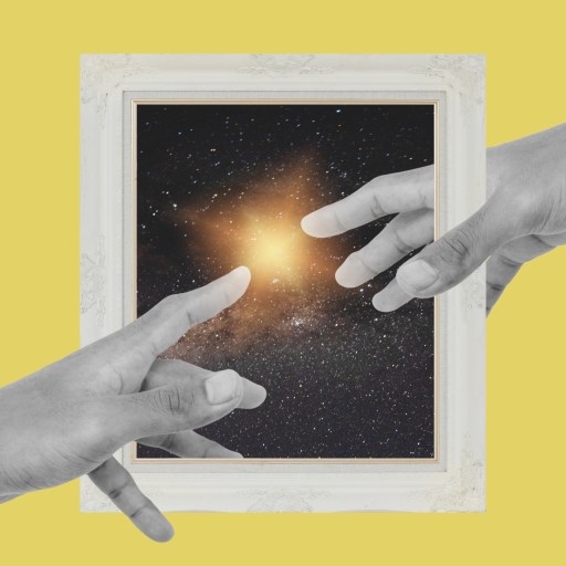 Abstract image of hands reaching through a picture frame.