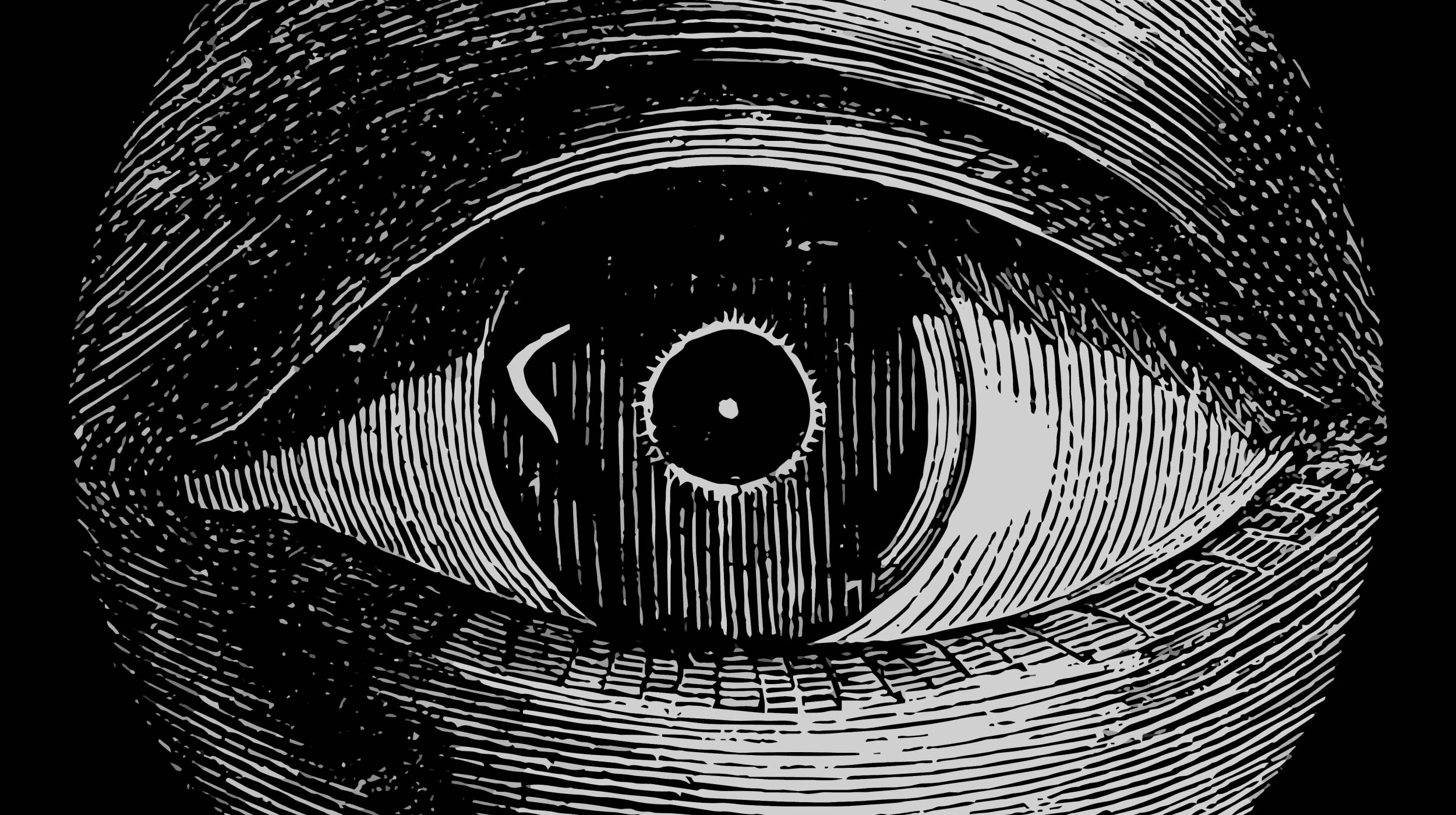 Black and white engraving-style illustration of a human eye in close-up, with detailed lines depicting the iris, pupil, and eyelids—capturing the intense focus and clarity of the flow state.