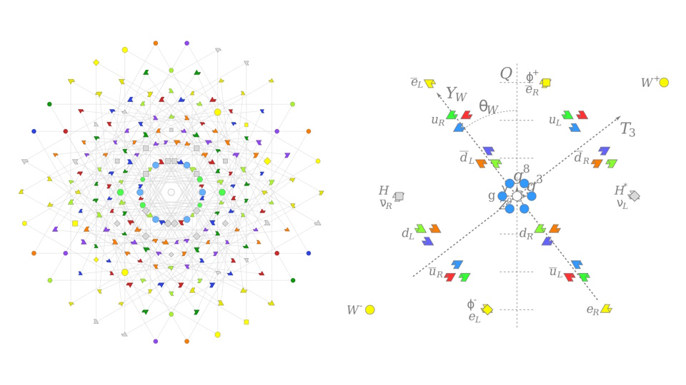 Two diagrams: the left shows a complex, circular, multicolored network; the right displays a theoretical physics diagram with labeled axes and colored particle symbols, capturing the intricate nature of physics hard concepts.