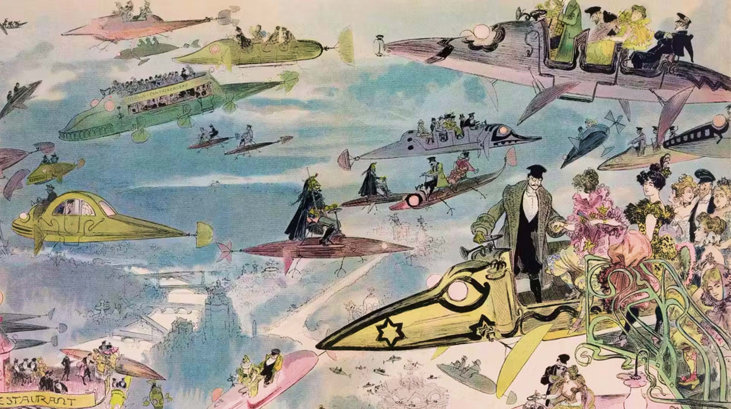 A whimsical vintage illustration depicts people in Victorian-era attire flying in futuristic airships and vehicles above a cityscape.