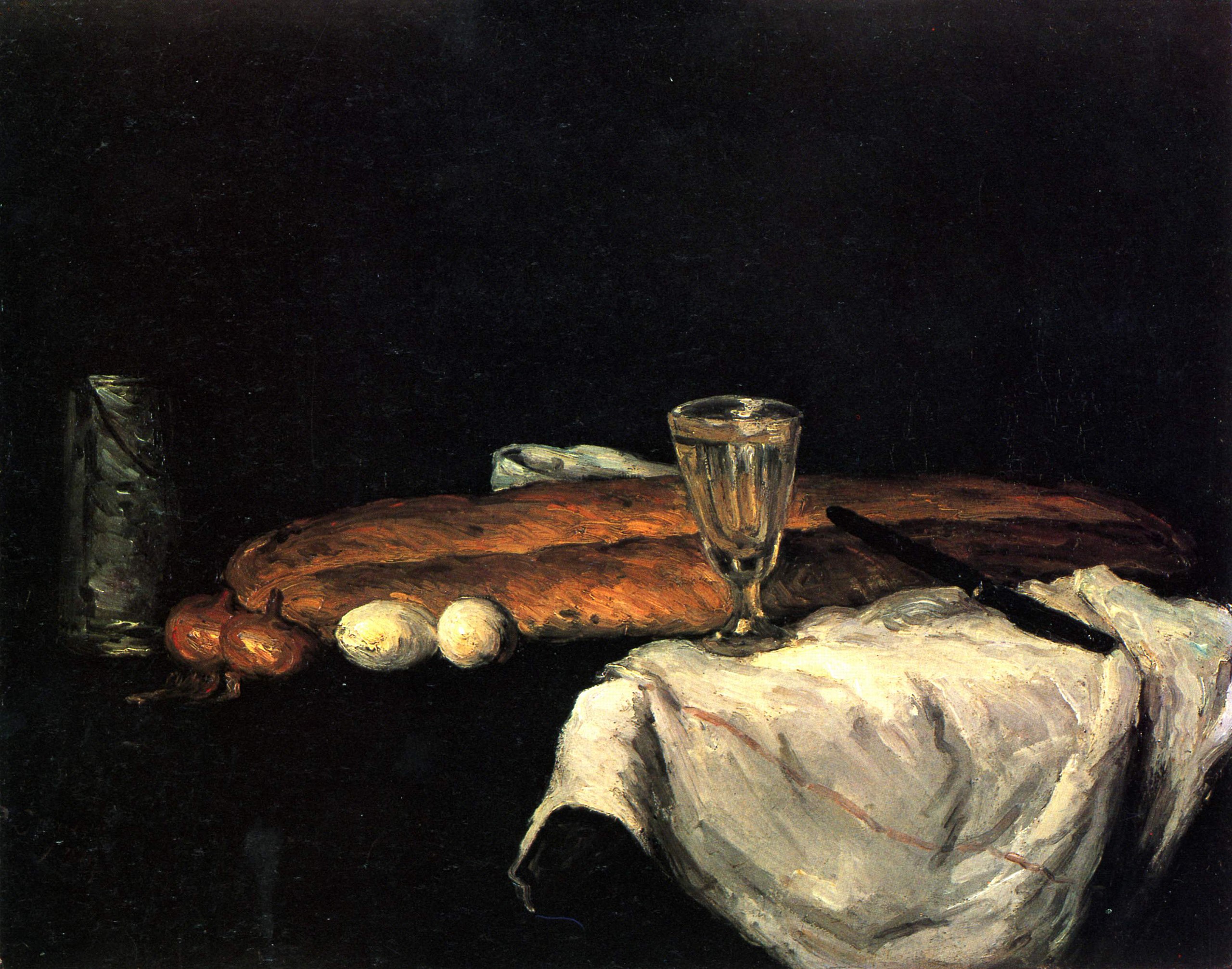 The painting "Still Life with Bread and Eggs" by Paul C&eacute;zanne.