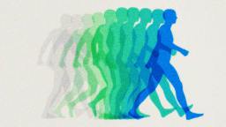 A sequence of human silhouettes in shades of blue and green shows progressive motion of a person walking from left to right.
