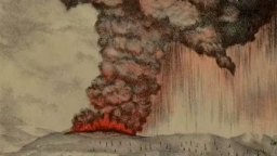 Illustration of a volcanic eruption with thick clouds of smoke, ash, and flowing lava rising from the volcano’s crater.
