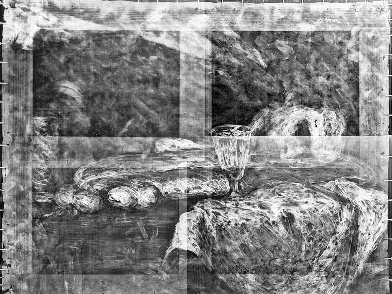 An X-ray image of a portrait, possibly of Paul C&eacute;zanne, underneath the still life painting.