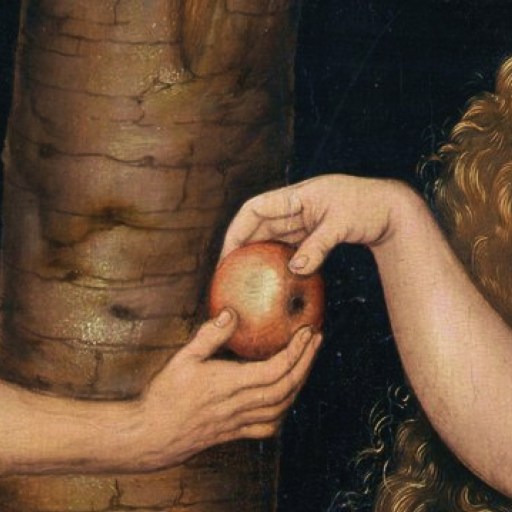 Close-up of two figures; one extends an apple towards the other near a tree trunk. The scene references the biblical story of Adam and Eve.