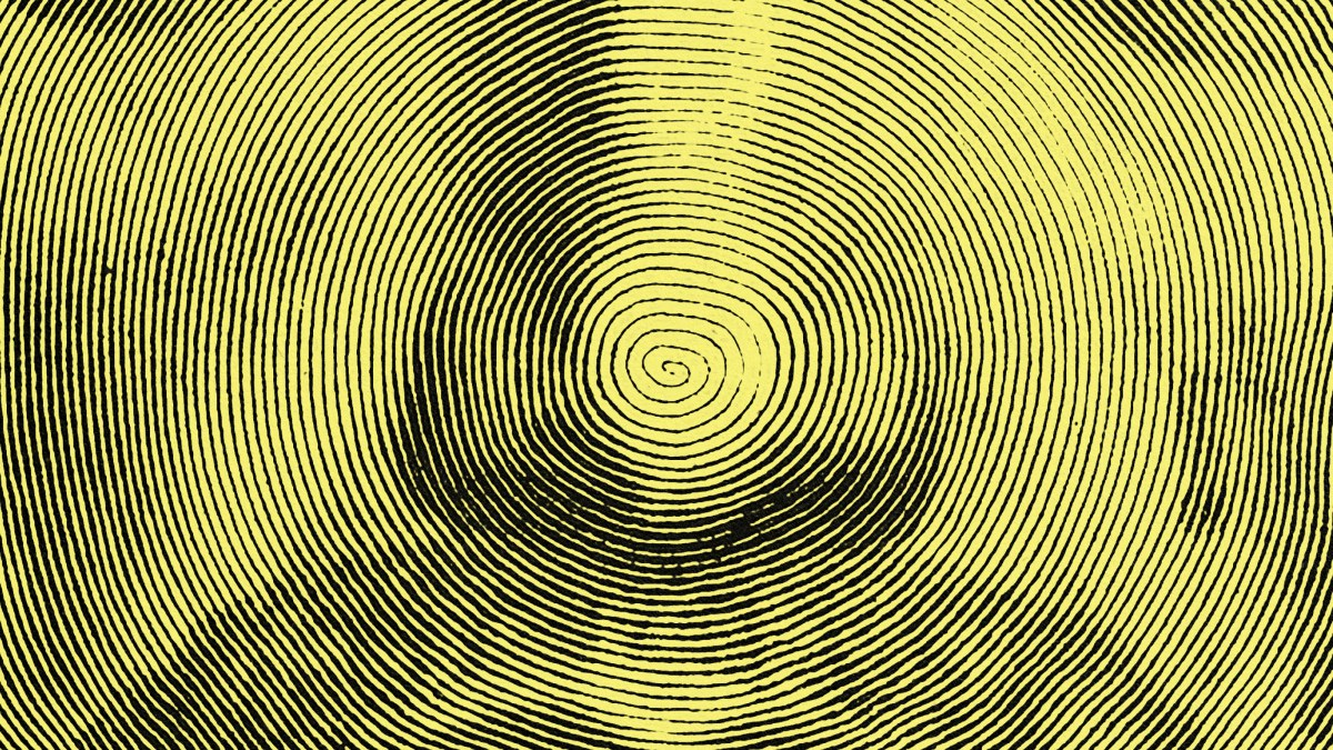 a yellow drawing of a man's face with a wave pattern.