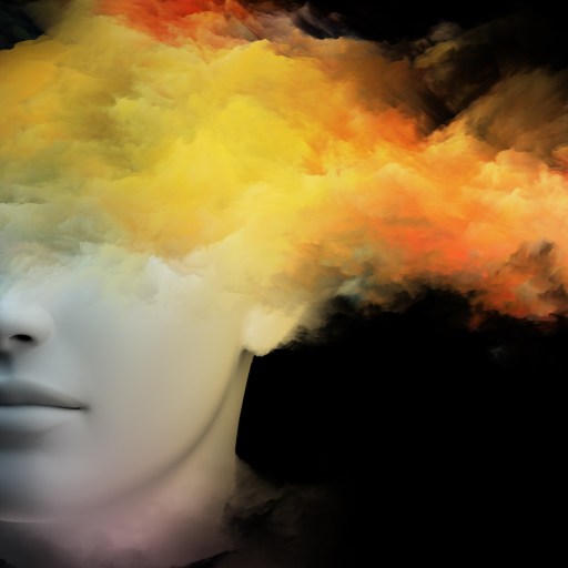 a woman's head with smoke coming out of it.