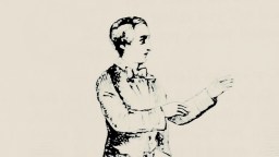 Black and white sketch of a man in formal attire with short hair, bow tie, and jacket, facing sideways with arms slightly raised.