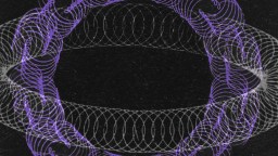 A circular pattern of overlapping purple and white spirals and loops appears against a black background.