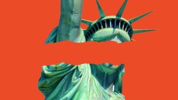 Statue of Liberty against an orange background with a horizontal torn bar obscuring the middle section of the statue.