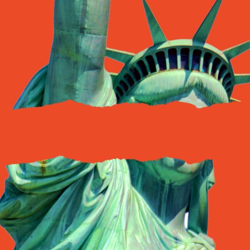 Statue of Liberty against an orange background with a horizontal torn bar obscuring the middle section of the statue.