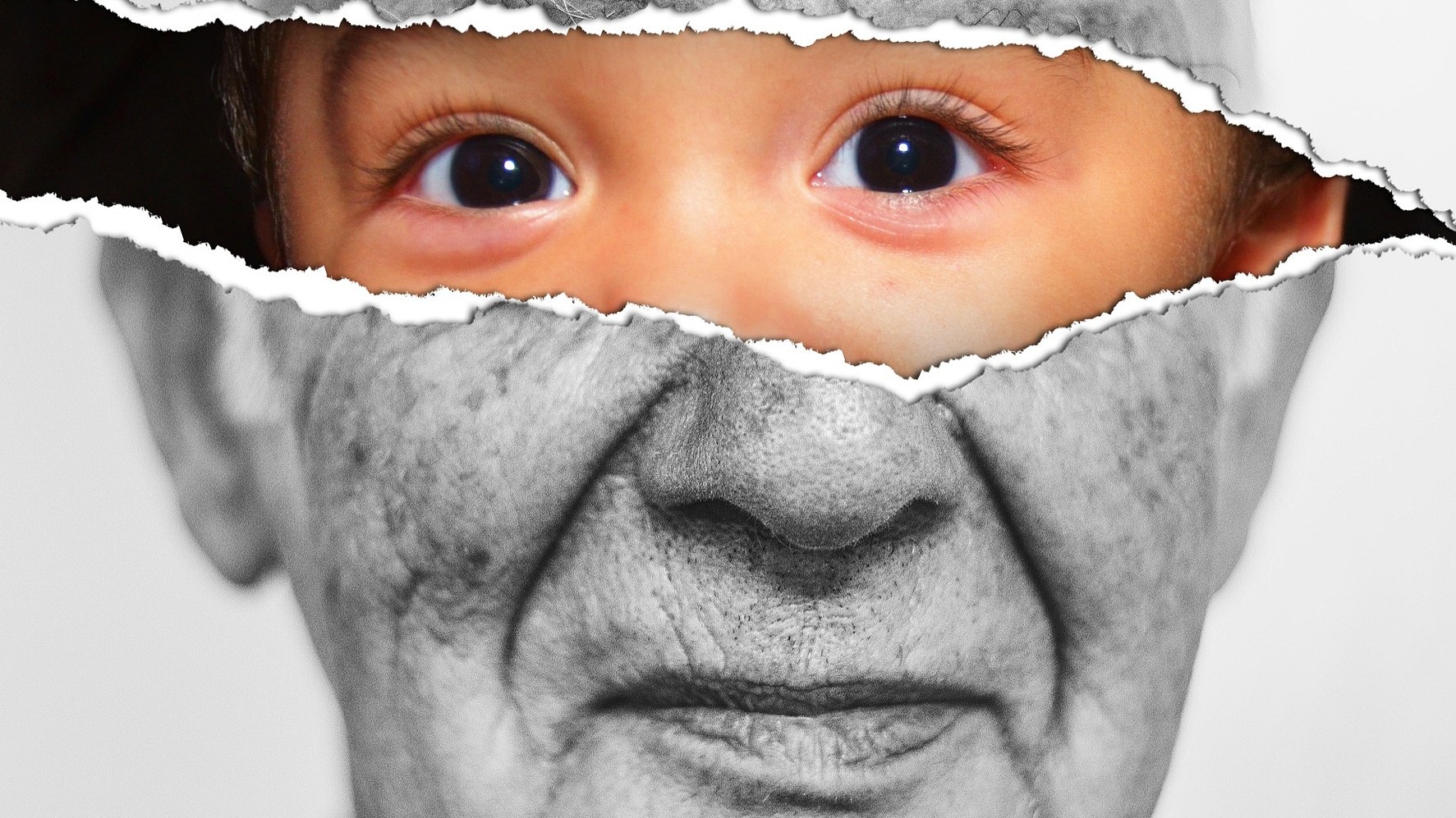 Two faces stitched together, with the eyes of a child and the face of a man.