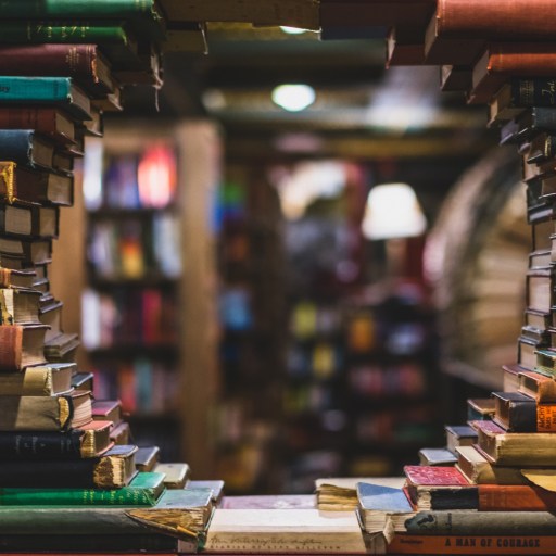 Books stacked in a library