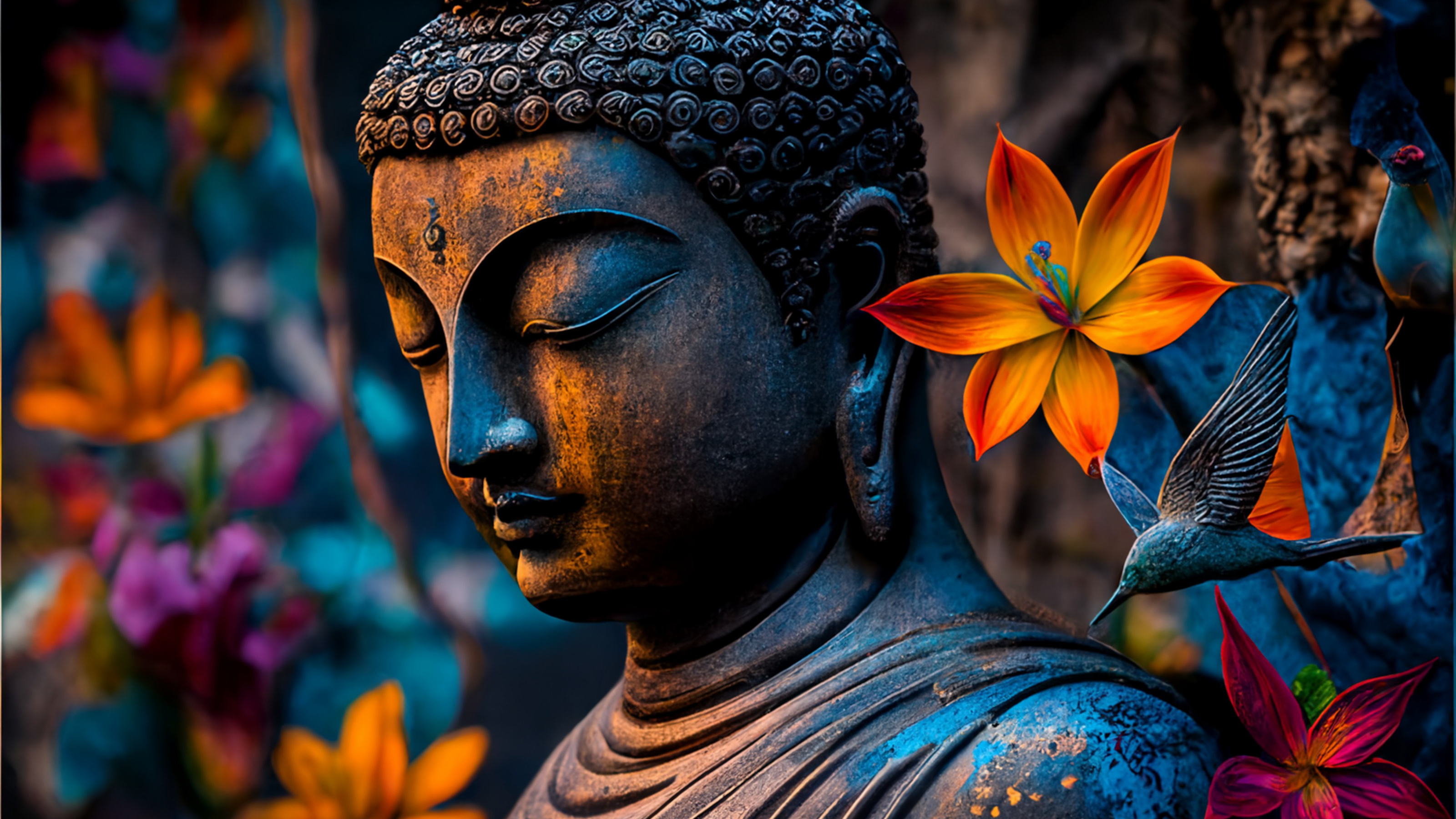 Buddha statue with flowers