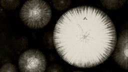 Black and white illustration of circular, radiating patterns with one large labeled circle "A" showing a central orbit-like design among several smaller circles.