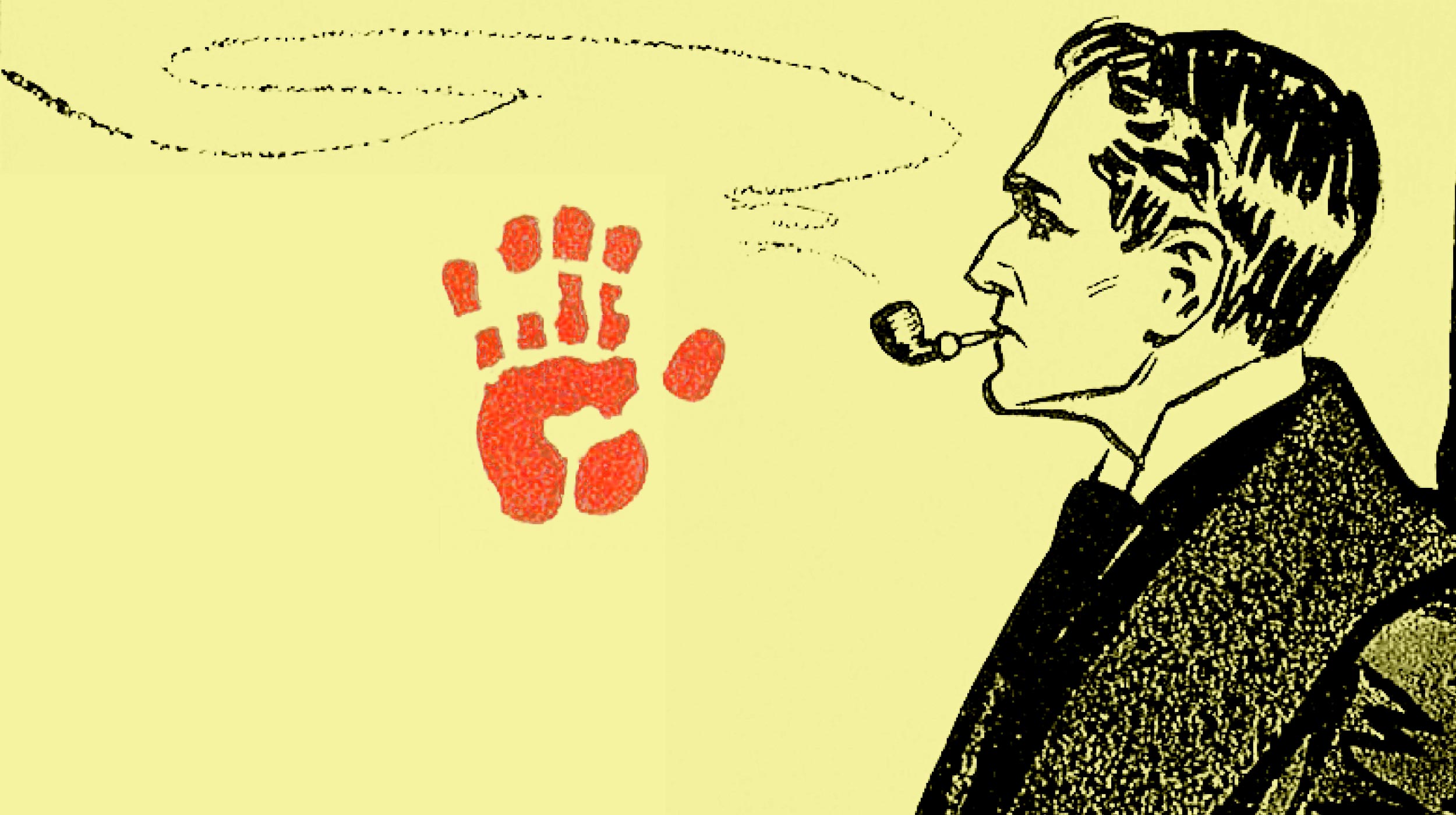 Illustration of a man smoking a pipe, with red handprint-shaped smoke rising from the pipe against a yellow background.