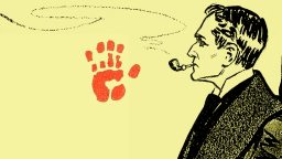 Illustration of a man smoking a pipe, with red handprint-shaped smoke rising from the pipe against a yellow background.