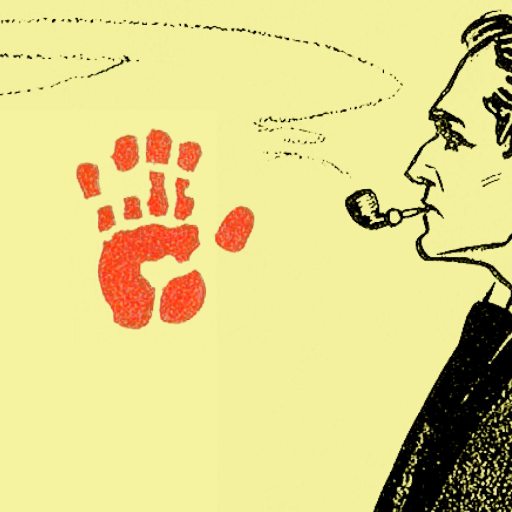Illustration of a man smoking a pipe, with red handprint-shaped smoke rising from the pipe against a yellow background.