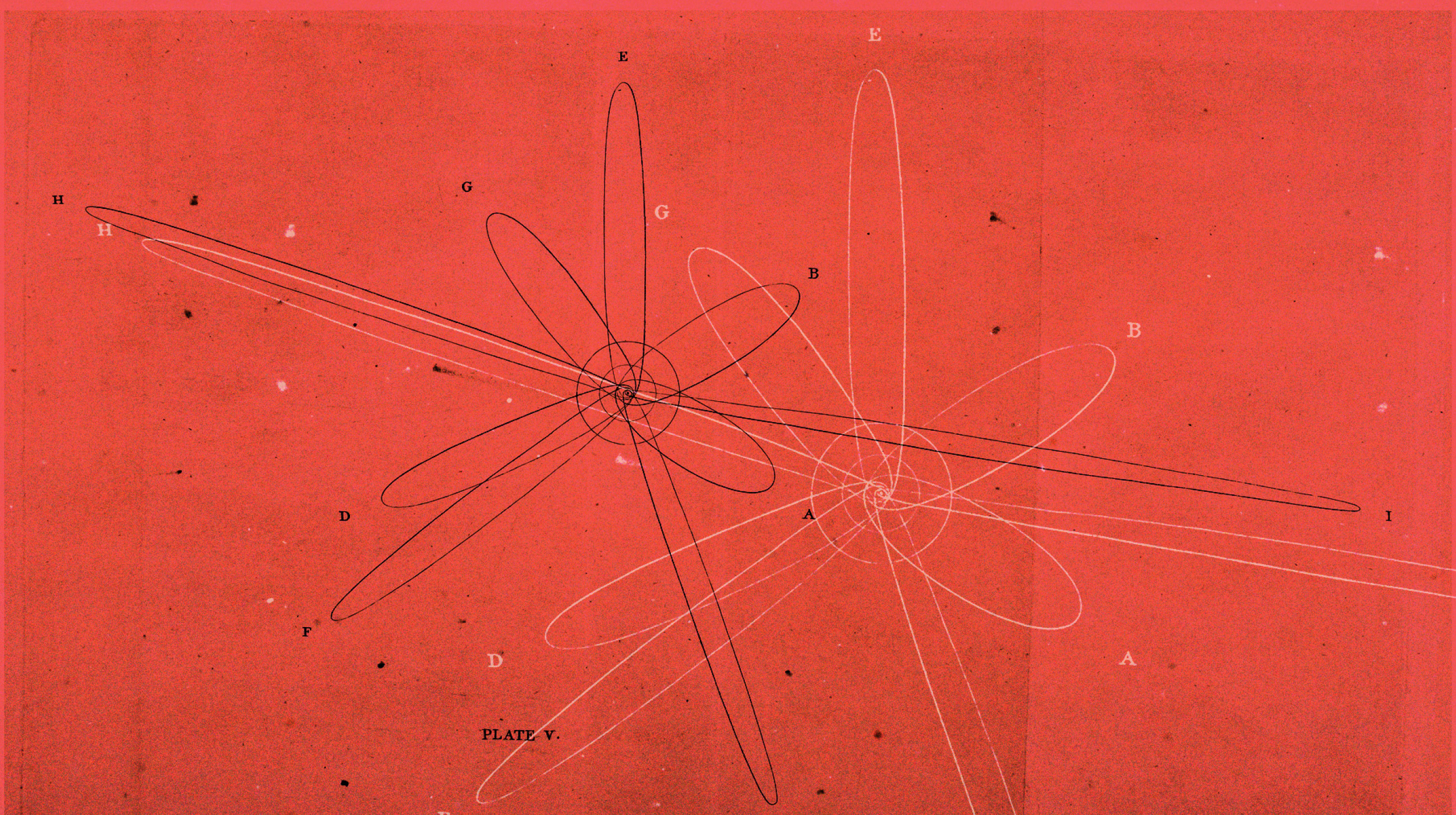 A red-orange background with atom-like scribbles