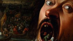 A painting showing a large open-mouthed face with miniature people and boats entering the mouth; the scene is dark and surreal.