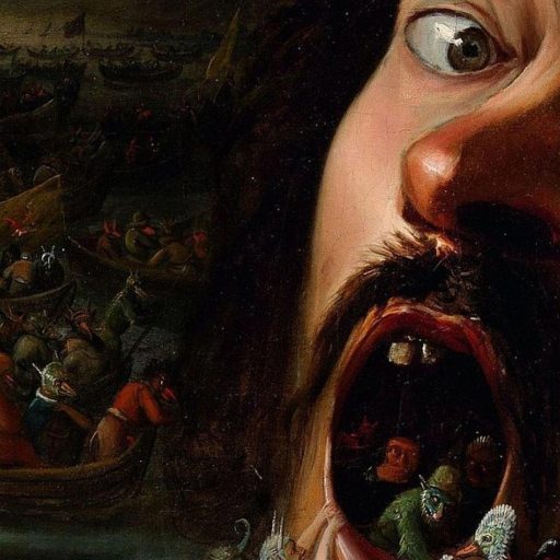 A painting showing a large open-mouthed face with miniature people and boats entering the mouth; the scene is dark and surreal.