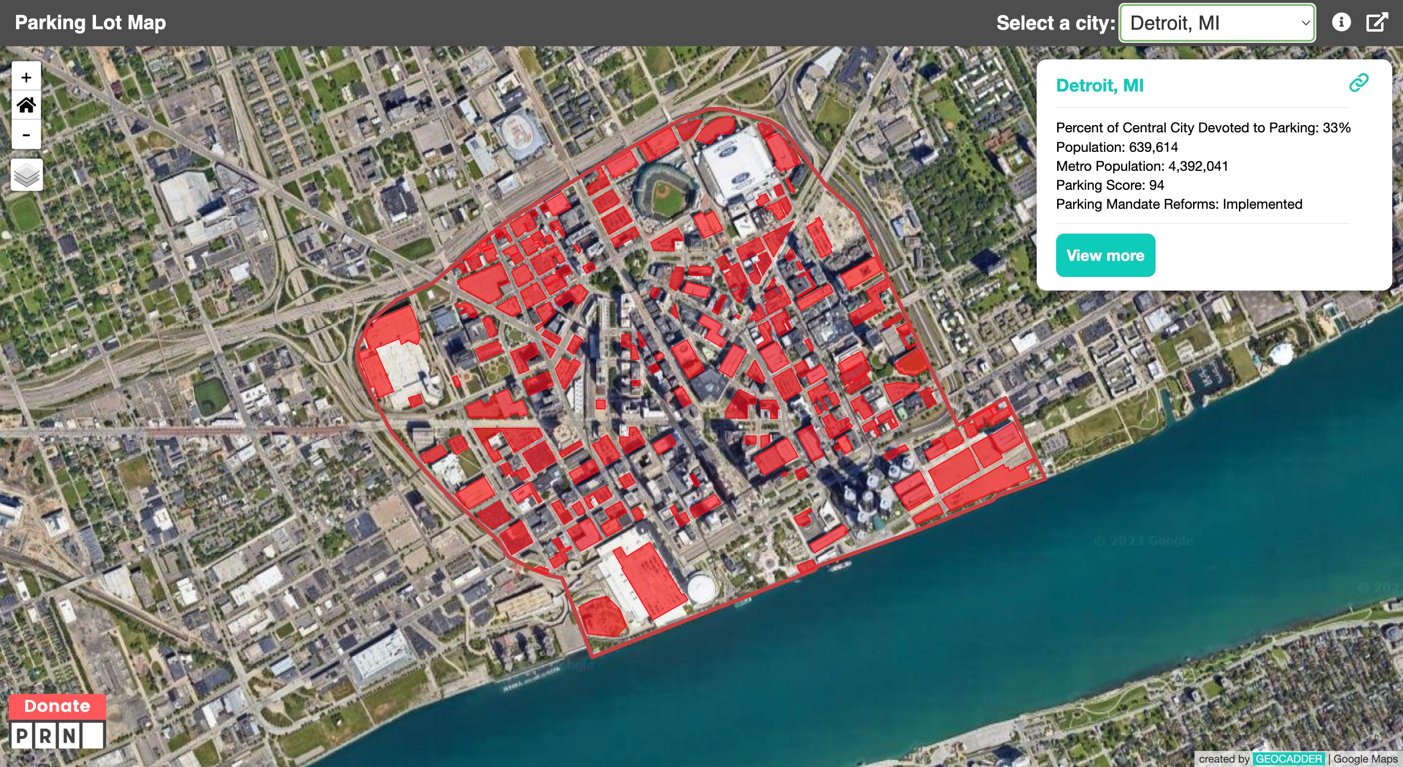 a map of a city with red buildings.