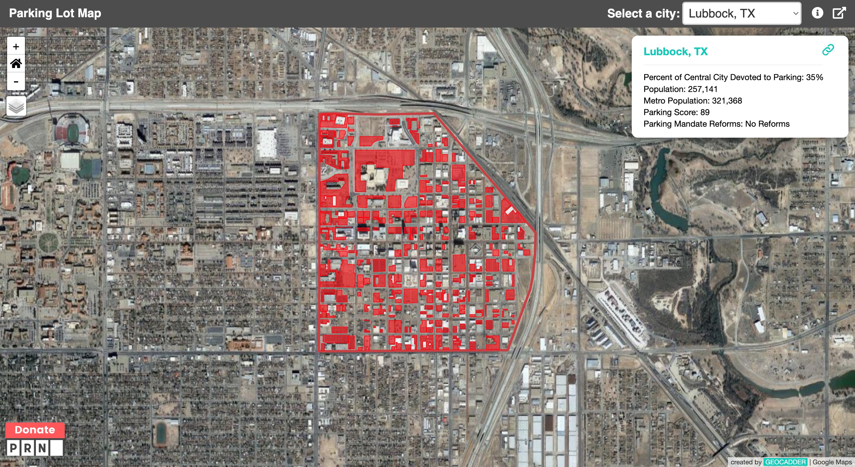 a map of a city with red buildings.