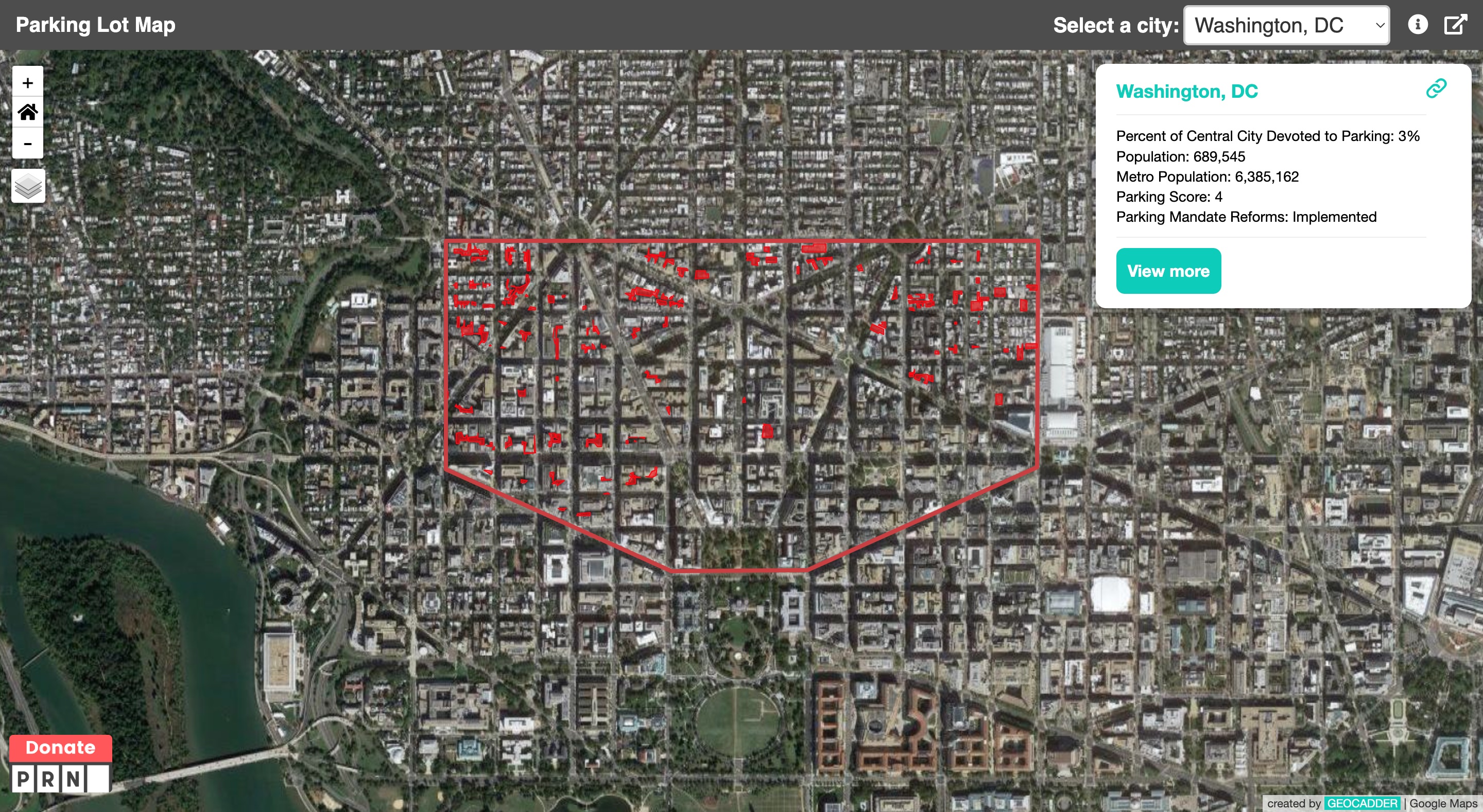 a map of a city with a red triangle on it.